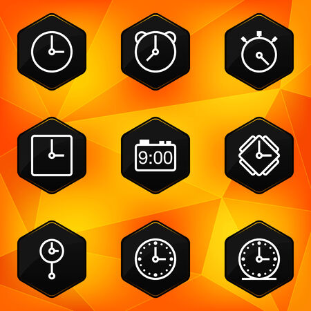 Clock and Time  Hexagonal icons set on abstract orange backgroundのイラスト素材