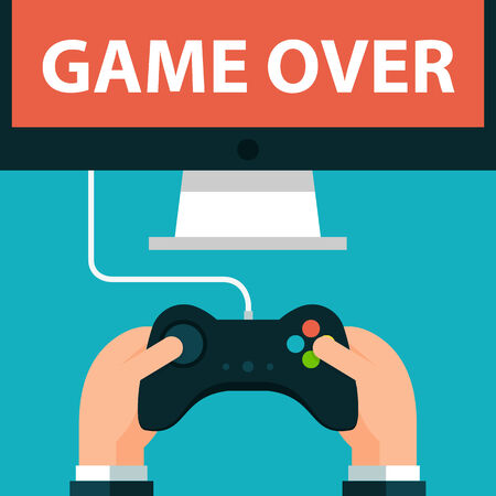Hands holding joystick and monitor screen Game over. Vector illustration in eps10のイラスト素材