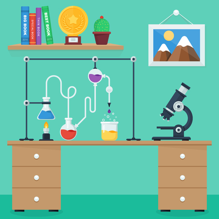 Laboratory work space and workplace concept. Flat design style illustration icons set of science and technology development.のイラスト素材