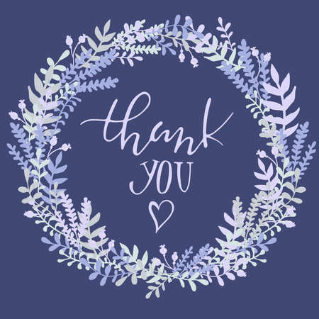 Plant wreath with inscription. Herbal decorative elements. Thank you calligraphic lettering with hand drawn leaves, twigs and berries around. Thank you card. Light blue floral wreath.のイラスト素材