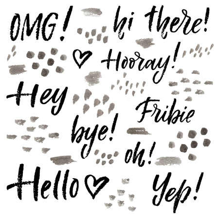 Hand lettering catchwords set. Hello, hey, bye, omg, hooray, fribie, oh, yep, hi there.のイラスト素材