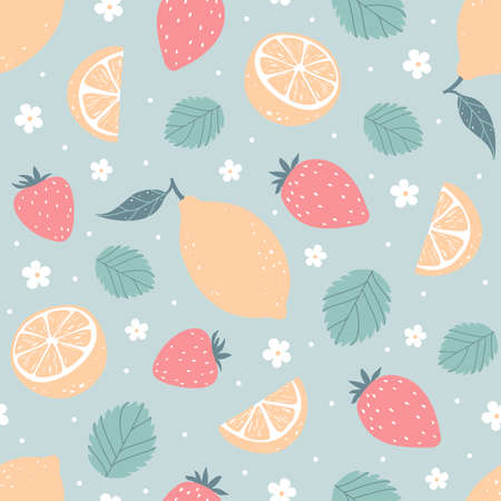 Strawberry and lemon seamless pattern in pastel colors. Vector illustrationのイラスト素材