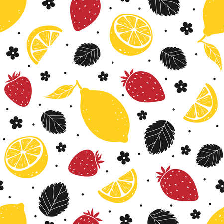 Strawberry and lemon seamless pattern isolated on white background. Vector illustrationのイラスト素材