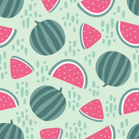Watermelon seamless pattern with stains on green background. Vector illustrationのイラスト素材