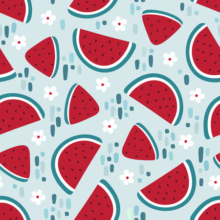 Watermelon seamless pattern with stains and flowers. Vector illustrationのイラスト素材