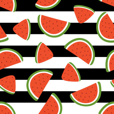 Watermelon slice seamless pattern isolated on striped background. Vector illustrationのイラスト素材