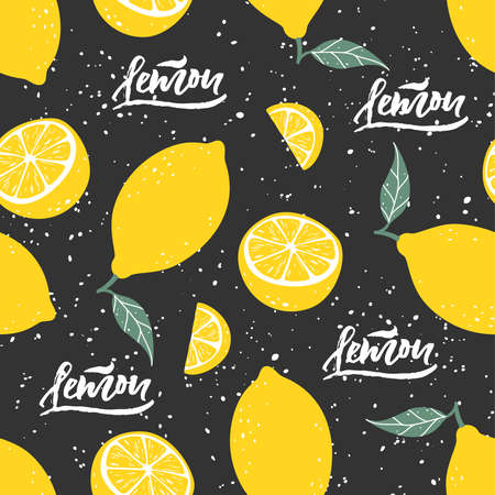 Lemon seamless pattern with lettering on black background. Vector illustration.のイラスト素材