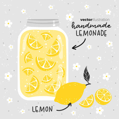 Lemonade with lemons in glass jar. Vector illustration.のイラスト素材