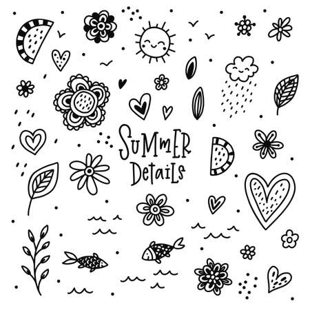 Hand drawn doodle summer elements with sun, flowers, fish, hearts. Vector illustration.のイラスト素材