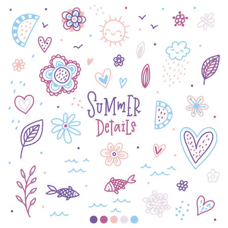 Hand drawn summer elements with hearts, sun, flowers, fish. Vector illustration.のイラスト素材