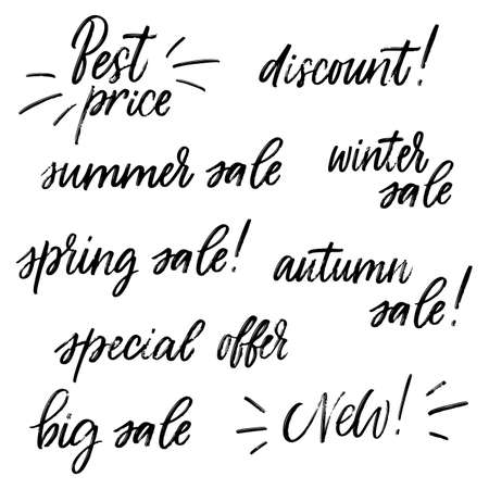 Best price, discount, big sale, summer, winter, spring and autumn sale, special offer, New hand lettering. Dry brush calligraphy set on white background. Vector illustration.のイラスト素材