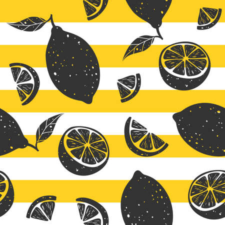 Black lemon seamless pattern on yellow-white striped background. Vector illustration.のイラスト素材
