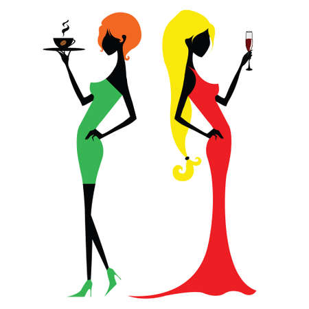 Red-haired girl in a green dress with a coffee and a blonde in a red dress with wineのイラスト素材