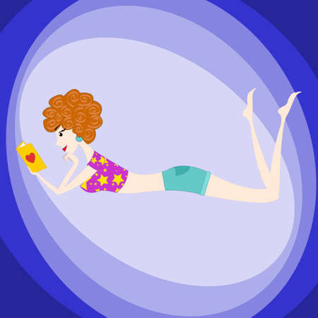curly girl lying on the floor and reading a love storyのイラスト素材