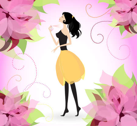 Young pretty woman spraying floral scented perfumeのイラスト素材