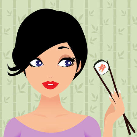 Beautiful girl enjoy sushi. Vector cartoon illustrationのイラスト素材