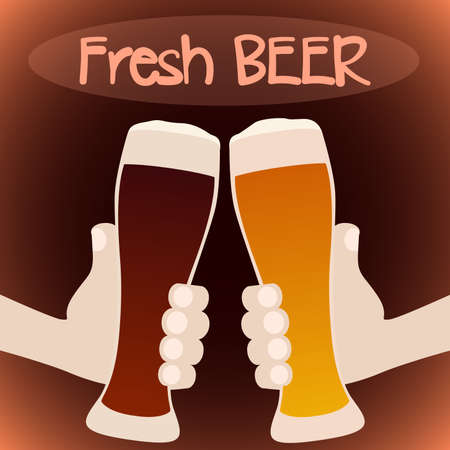 Fresh beer. Two cartoon hands holding beer glasses. Vector illustrationのイラスト素材