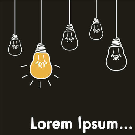 Hanging yellow light bulbs. Idea concept. Grey background. Vector illustrationのイラスト素材