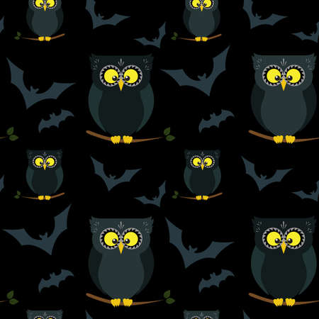 Owl and bat. Seamelss halloween patternのイラスト素材