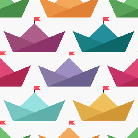 Seamless wallpaper with colorful paper boats. Vector patternのイラスト素材