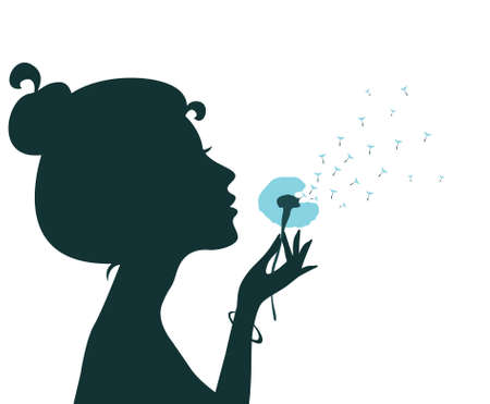 Silhouette of a young girl blowing dandelion isolated in white. Vector illustrationのイラスト素材