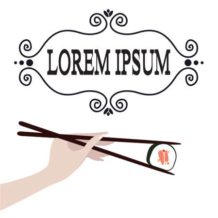 Hand holding sushi roll by chopsticks on white backgroundのイラスト素材