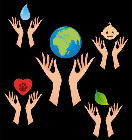 Vector with human hands. Taking care of the Earth, children, water, nature and animalsのイラスト素材