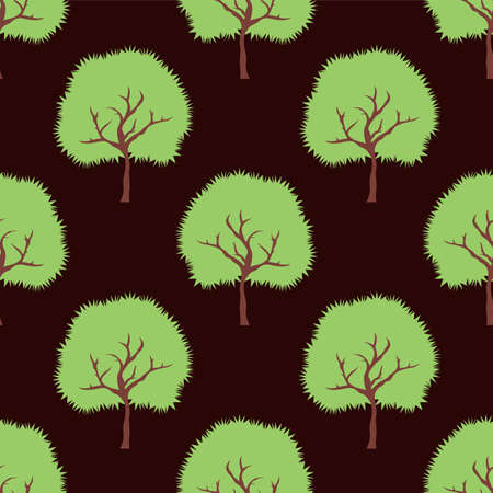 Vector green trees. Seamless cartoon pattern on a brown backgroundのイラスト素材
