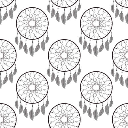 Seamless pattern with dreamcatchers.Vector illustration on white background. Dreamcatchers with feathersのイラスト素材
