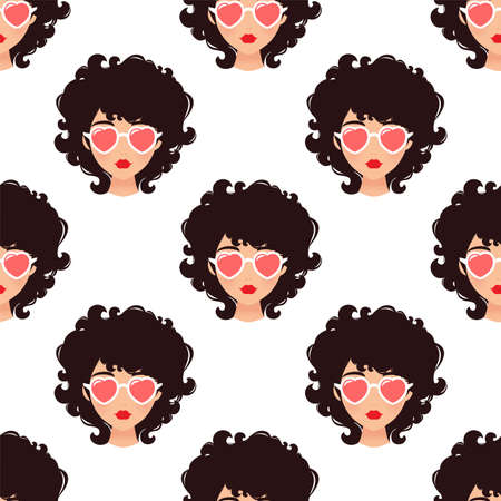 Curly girl with sunglasses. Cartoon vector patternのイラスト素材