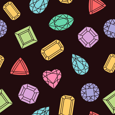 Colorful gemstones. Seamless vector pattern in black backgroundのイラスト素材