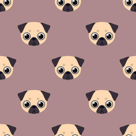 Pug face in flat style. Cute animal. Seamless vector patternのイラスト素材