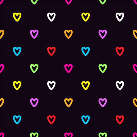 Colorful doodle hearts on black background. Seamless vector patternのイラスト素材