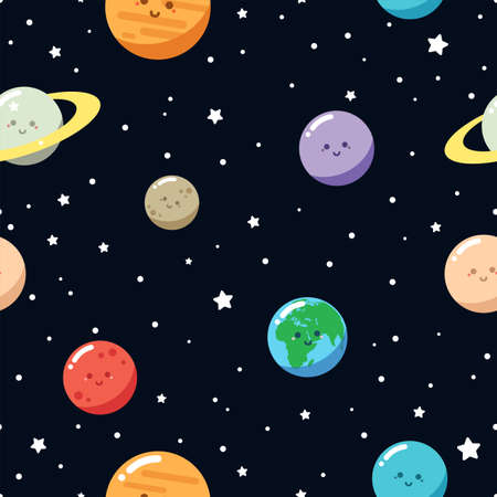 Cute planets. Seamless vector pattern. Cartoon style