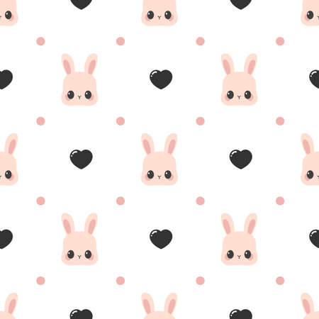 Cute rabbit face pattern with dots and hearts. Vector seamless backgroundのイラスト素材