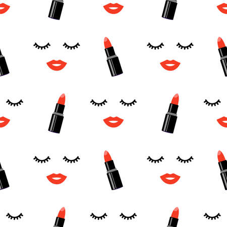 Lipstick and red lips. Seamless vector pattern.のイラスト素材