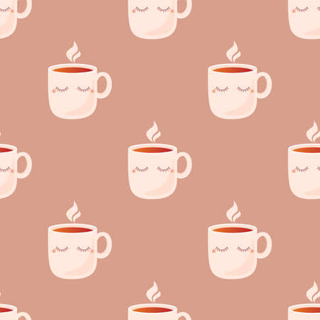 Cute cartoon cup of tea. Seamless vector illustrationのイラスト素材