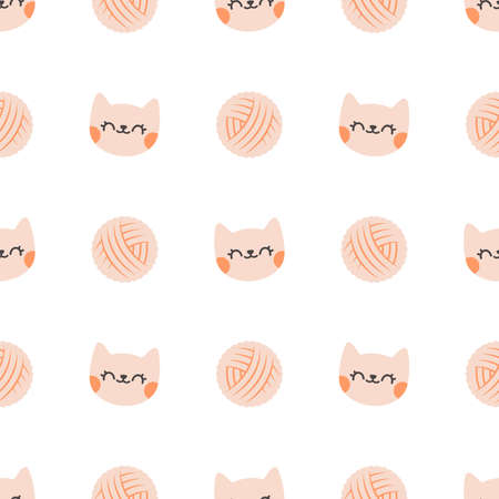 Cute happy cat and clew. Seamless vector patternのイラスト素材