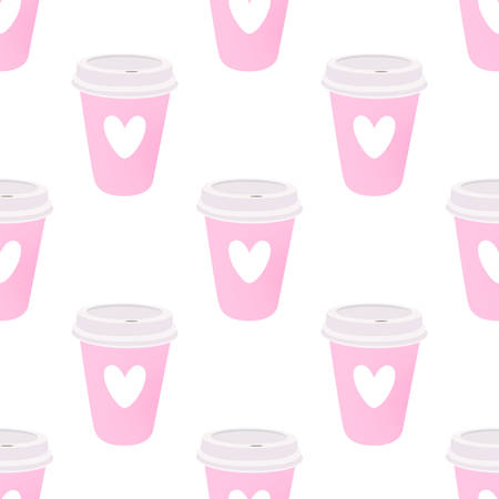 Pink coffee cup with heart. Seamless vector patternのイラスト素材