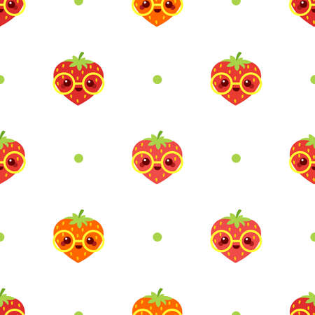 Cute strawberry with glasses and dots. Seamless vector patternのイラスト素材