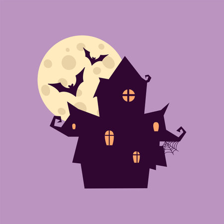Halloween vector illustration. Spooky house and bats on a purple background.のイラスト素材