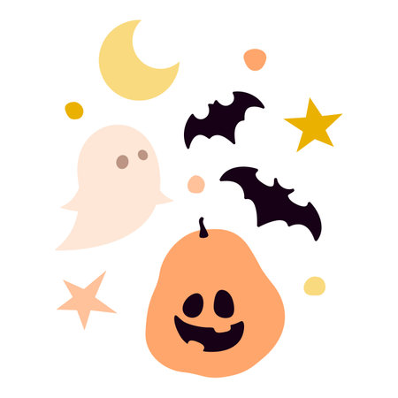 Halloween vector illustration with cute pumpkins, ghosts and bats.のイラスト素材