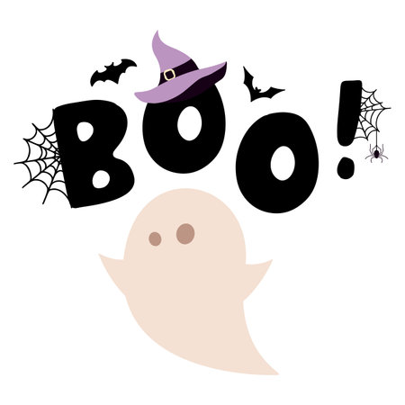 Halloween card with cute ghost and lettering. vector illustration.のイラスト素材