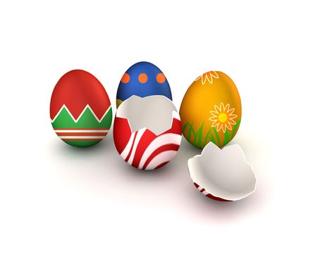 Colorful easter eggs with one broken isolated on white with shadow