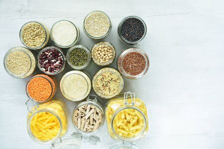 glass bins for storing legumes and pasta which are zero wasteの写真素材