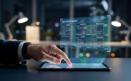 Close up of businessman using tablet pc with stock market data on screenの素材