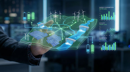 Businessman working with renewable energy sources on a virtual screen. 3D renderingの素材