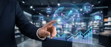 Businessman on blurred background using digital interface with his fingers 3D renderingの素材