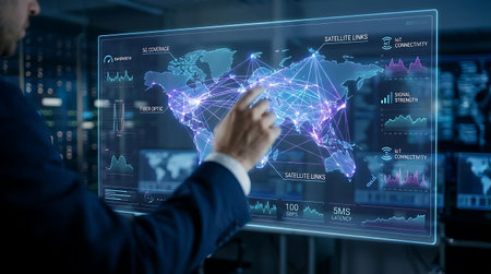 Businessman working with virtual panel of business infographs. Mixed mediaの素材