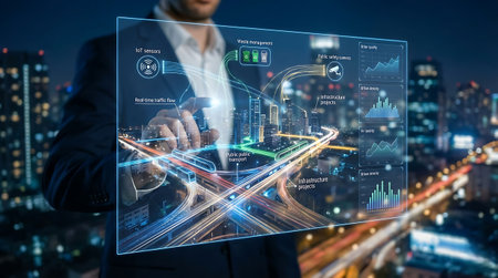 Businessman working with virtual screen with cityscape and road network connection conceptの素材